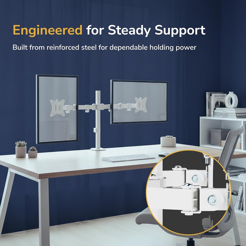 Mount-It! Dual Monitor Mount for Desk, Adjustable Tilt Swivel on Double Monitor Mounts for Screens up to 32”, Dual Monitor Arms for 2 Monitors, VESA 75x75 and 100x100 C-clamp & Grommet in White - Image 3